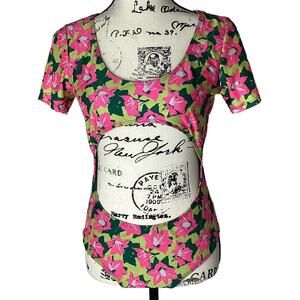 Beach Riot Neon Floral Short Sleeve Bathing Suit Swimsuit Cut Out Belly Sz Large